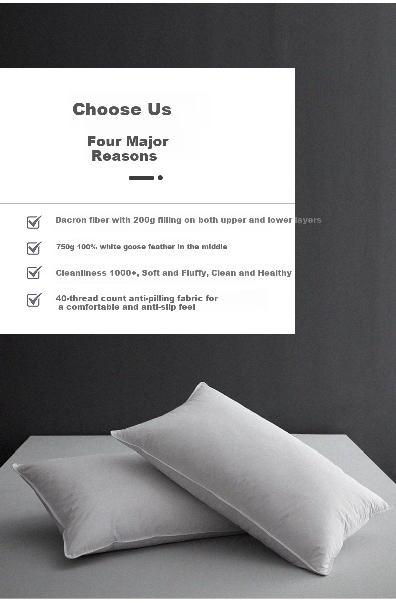 Sinuoman All-Cotton Antibacterial Neck Support Pillow, Five-Star Hotel White Goose Down Fiber Composite Pillow Core, 74*48cm High Pillow 11