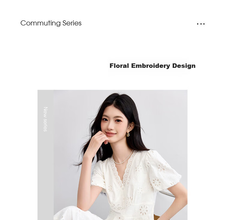 Sentubila Pure Cotton Lace V-Neck Lantern Sleeve White Dress for Women, Summer Elegant Pearl Button Embroidered A-Line Slimming Mid-Length Dress 2