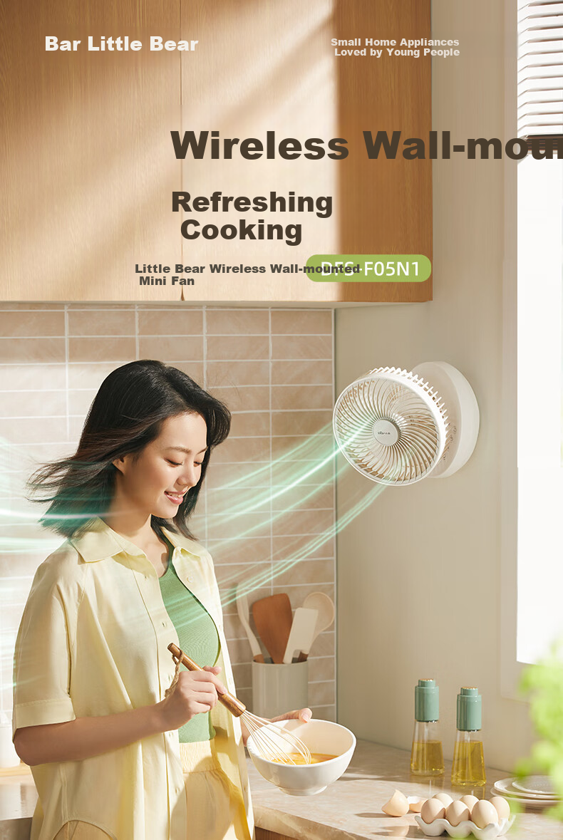 Bear Wall-Mounted Kitchen Fan Outdoor No-Drill Wireless Remote Control Small Desktop Air Circulation Fan Foldable Small Fan for Home Bathroom 1