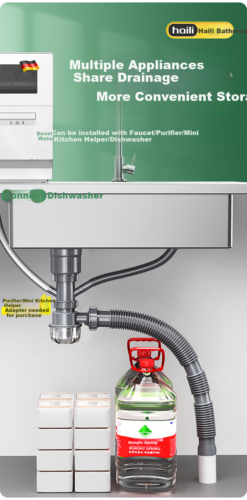 Haili Kitchen Sink Drain Pipe Set, Double Sink 110mm Drainage System, Dishwashing Basin Drainage Pipes, Water Seal, Odor Prevention S16 17