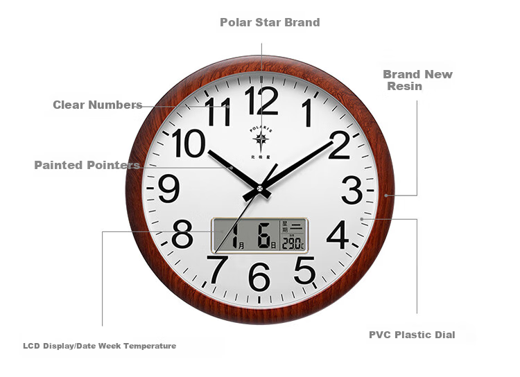 POLARIS Wall Clock, Living Room Clock, Modern Silent Quartz Clock, Fashionable Timepiece, Creative Wall Clock for Office And School, Wood Grain Clock 10