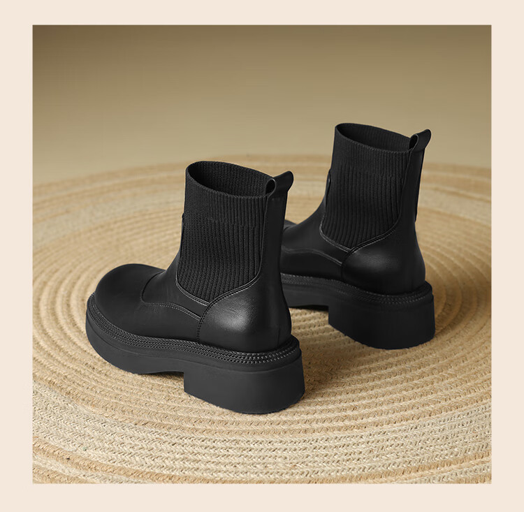ZHR Elastic Socks Boots Women Autumn Winter Fleece Thick Sole Height Increasing Slimming Soft Sole British Short Boots EH255A Black 36 10