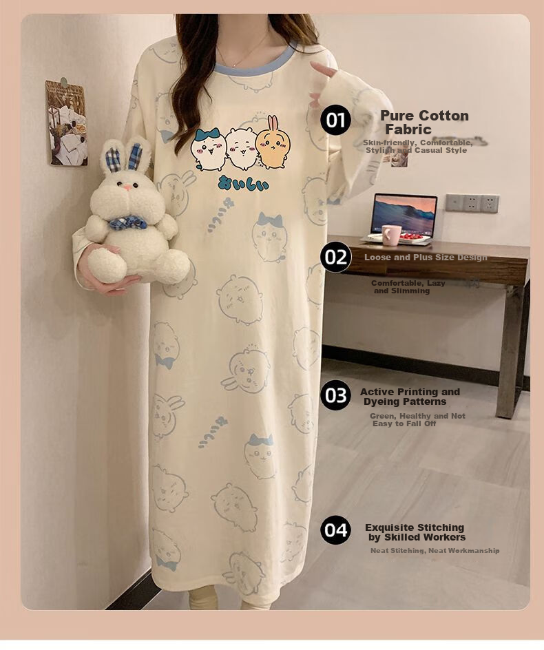 LangSha Pure Cotton Nightgown for Women, Long Sleeve Spring New Cartoon Loose Plus Size Knee-Length Sleepwear, Suitable for Outdoor Wear, Ladies' Pajamas 3
