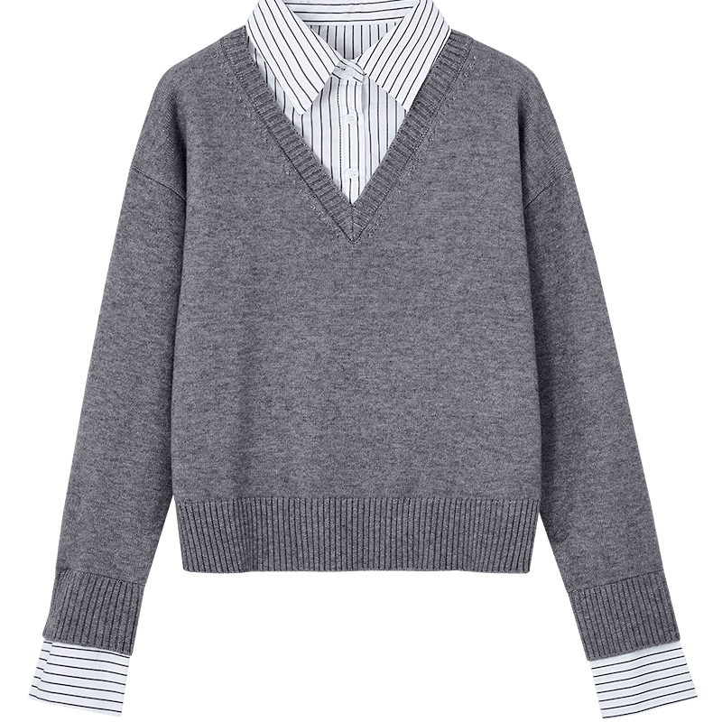 Demana Intellectual Autumn Colorblock Lapel Soft Fiber Knit Sweater for Women