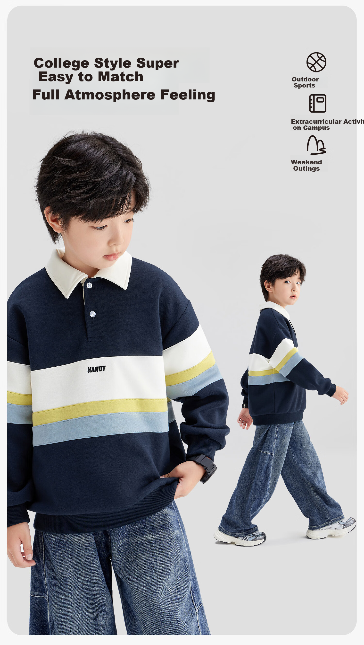 Zuoxi Boys' Polo Shirt Sweatshirt, 2026 New Trendy Children's Striped Color-Block Pullover, Navy Blue, Size 160 6
