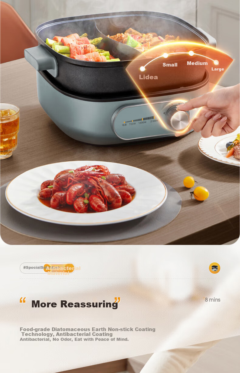 Midea Electric Hot Pot, Dual-Sided Pot for Home Use, 4-6 People, 6L Capacity, Titanium And Ceramic, Zero Fluorine, Antibacterial, Dormitory Style, Detachable Design, 9CM Deep, Multifunctional, Bionic Non-Stick Pot, New Electric Cooker, Self-Operated 20