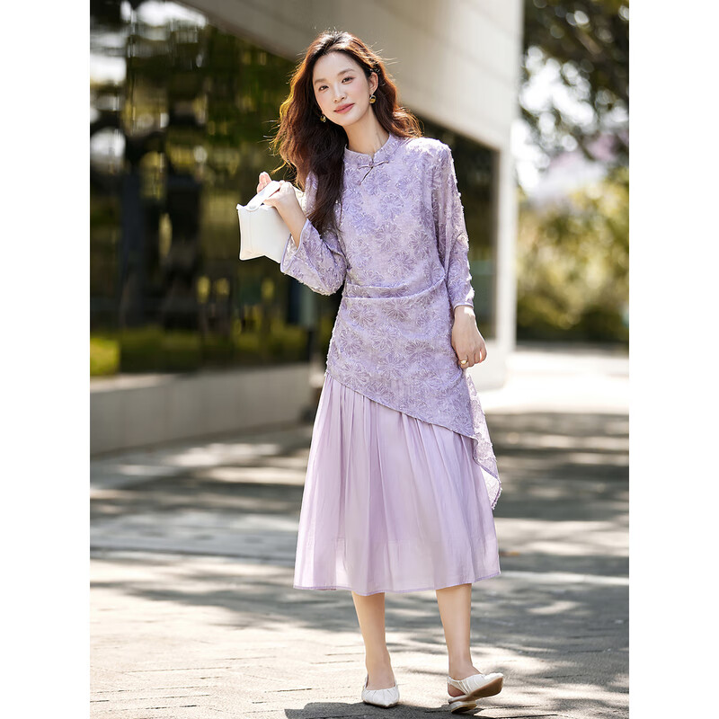 Vimly New Chinese Style Heavy Embroidery Dress Women Autumn New Long Sleeve Improved Qipao Purple M