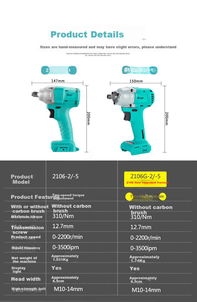 Dayi Electric Wrench, Lithium Battery Brushless Wrench, A3 Lithium Battery Rechargeable Impact Wrench, Air Gun, Genuine Product, 2106G-5 10