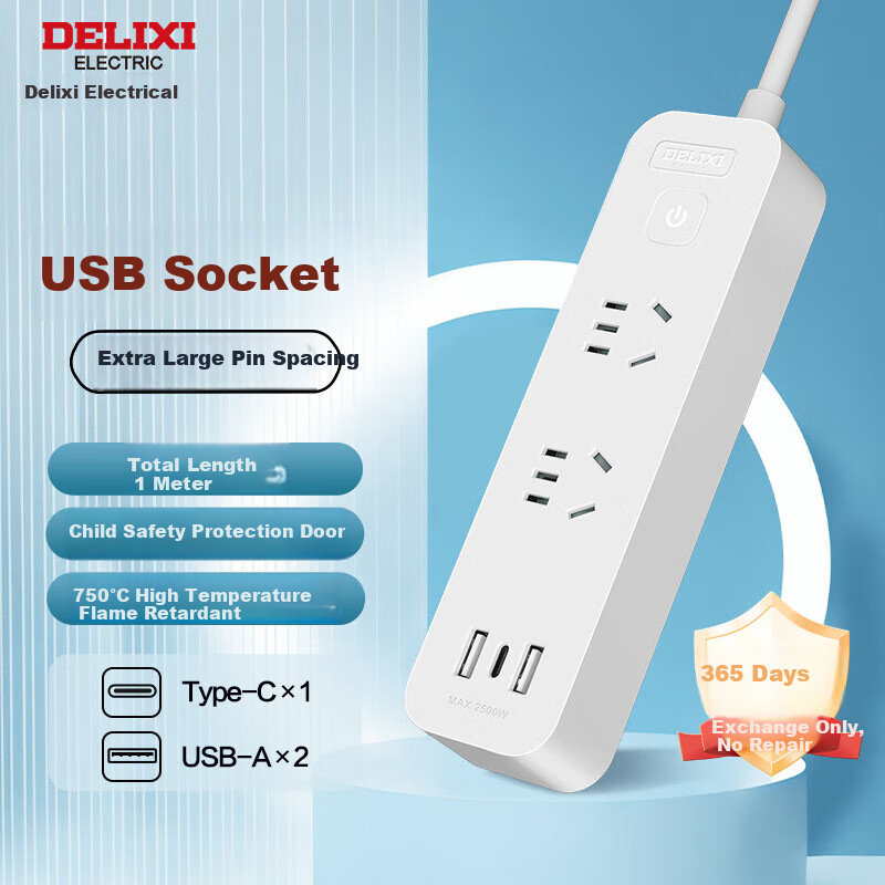 DELIXI USB Socket Power Strip/Extension Cord/Power Bar with Type-C Port + USB Port + 2 Outlets, 1 Meter Long, Master Switch