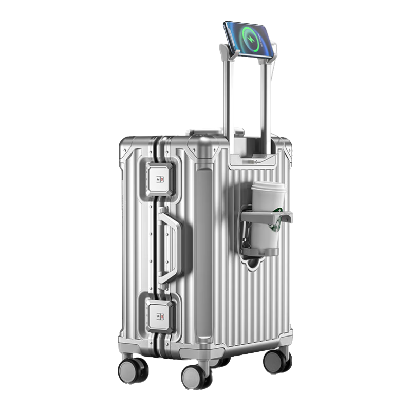 DTA Multifunctional Luggage for Men And Women with Spinner Wheels, Aluminum Frame Carry-On Suitcase, Travel Leather Case, Noble Silver, 20 Inches