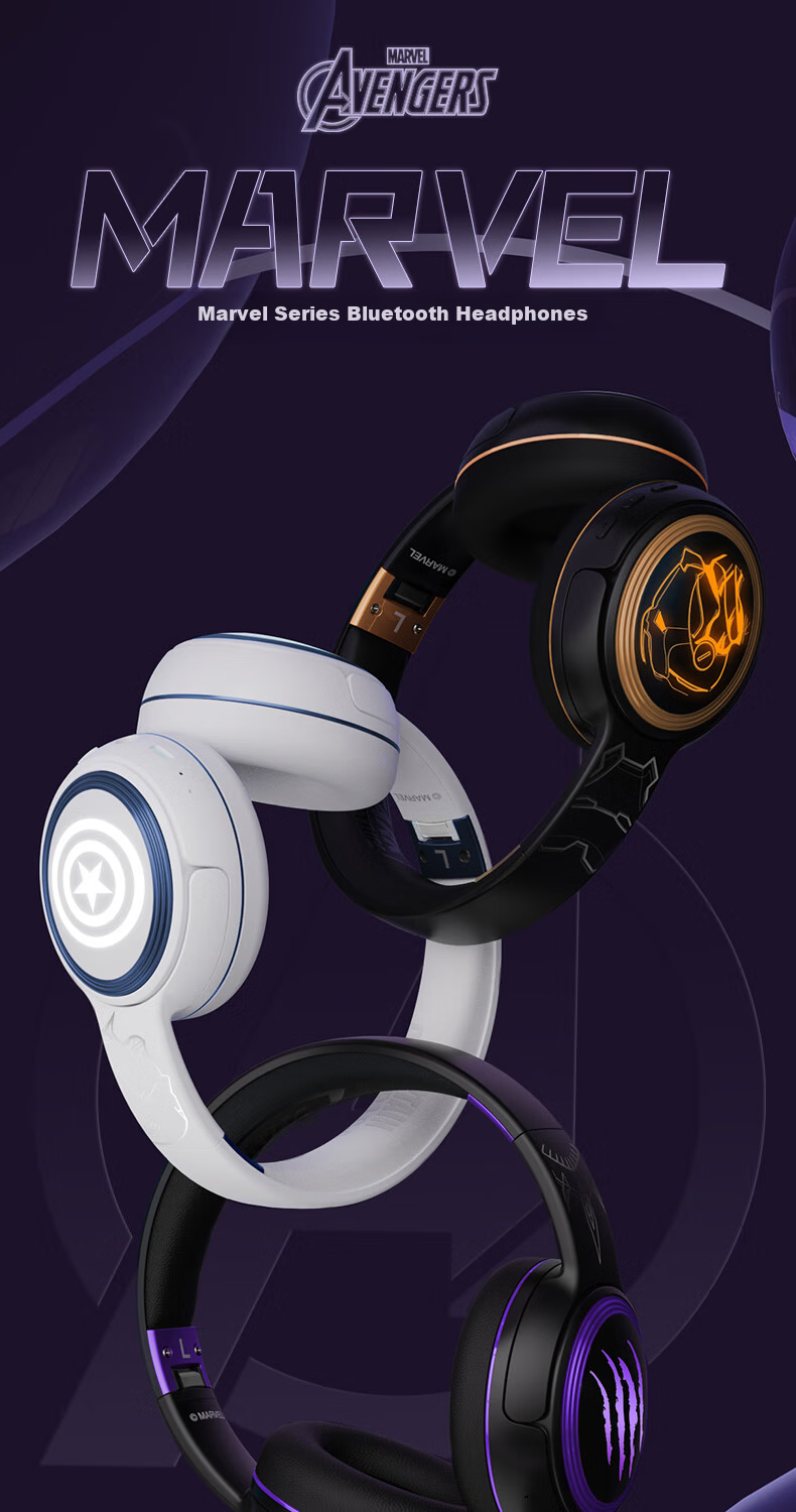 Disney Marvel Co-Branded Wireless Bluetooth Headphones, Over-Ear, Long Battery Life, for E-Sports Gaming, Sports, Music, Computer Headset, Couples Birthday Gift for Men, MR13 Black Panther 1