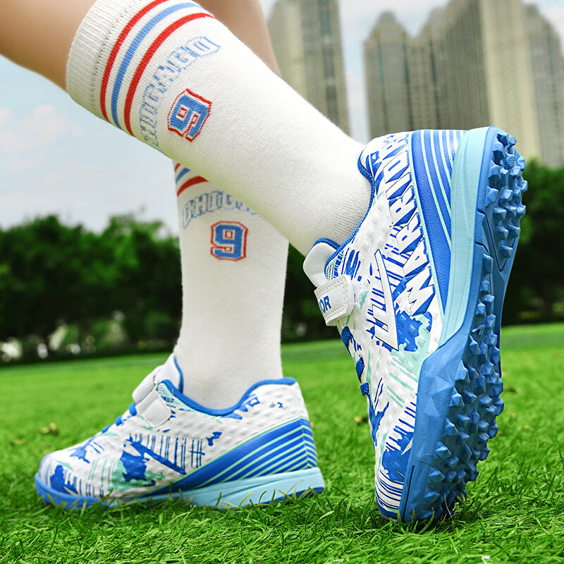 Huili Soccer Shoes, TF Turf Cleats, Velcro Strapless, for Men, Women, Children, Students, School Campus, Lawn Use, 572, Size 28, White And Navy Blue