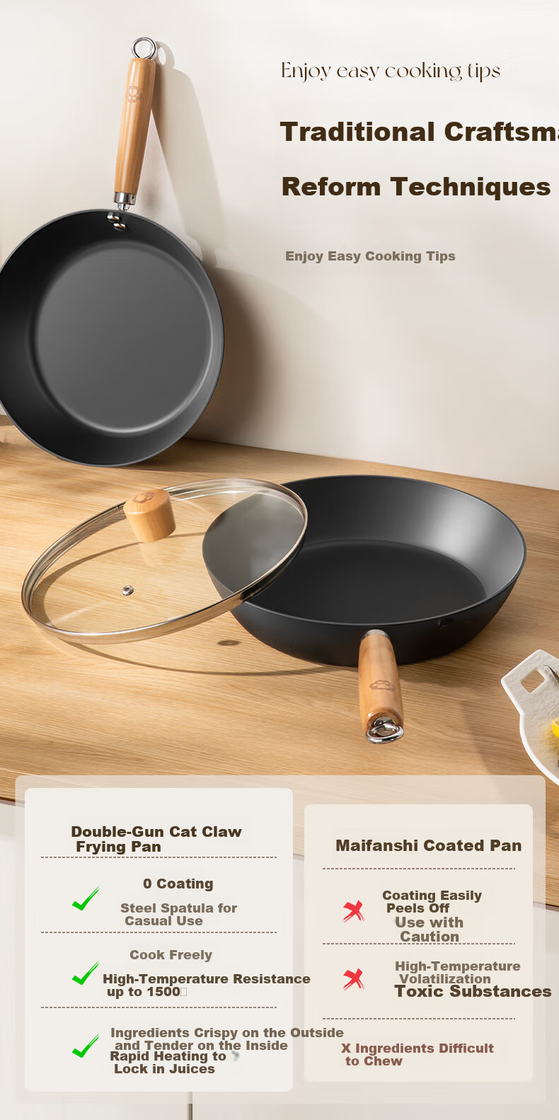 Suncha Non-Stick Frying Pan, Uncoated Steak And Egg Pan, Low-Smoke Cooking Pan, Compatible with Induction And Gas Stoves, 26cm 8