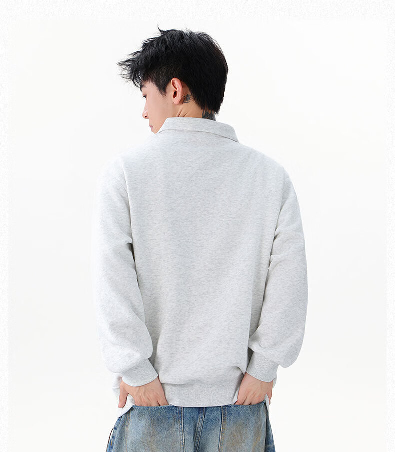 Dingfengbaoluo Heavyweight Polo Collar Sweatshirt Men Autumn Winter Trendy Casual Loose Simple Solid Color Top DQZ10 Black XL 4
