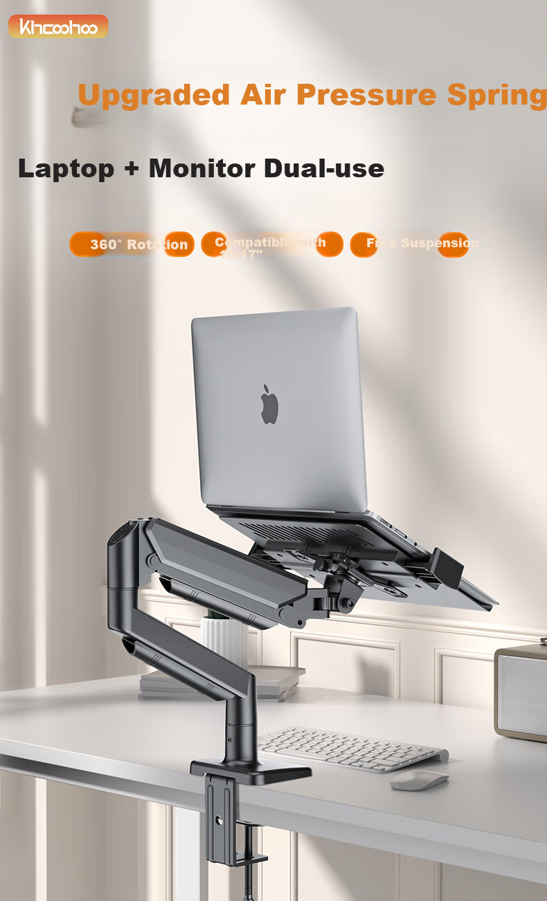 Khcoohoo Dual Gas Spring Laptop Monitor Stand Dual Screen Dual Arm Computer Desk Mount Height Adjustable Left and Right Dual Screen Splicing Mechanical Arm Free Lift 1