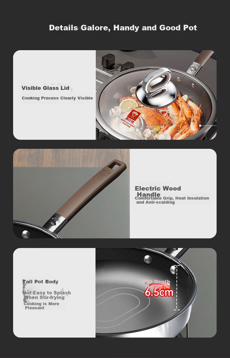 KBH Non-Stick Frying Pan, Skillet, Wok, Pure Titanium, No Coating, Antibacterial, 316L Stainless Steel, Uncoated 14