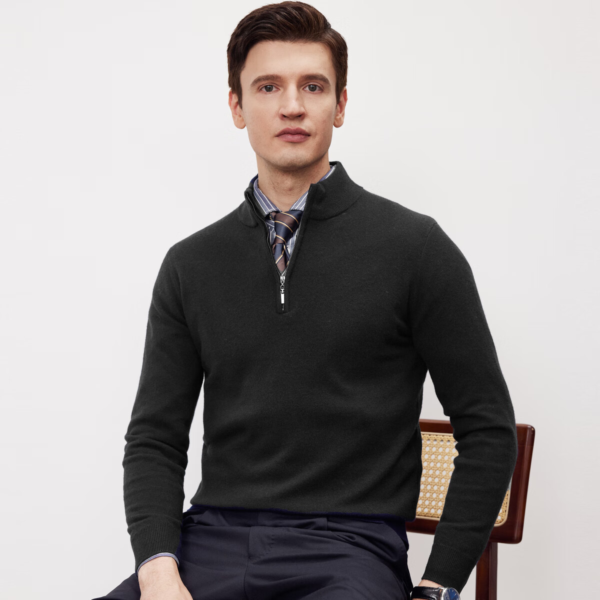 Shanshan Men's 100% Pure Wool Knit Sweater Autumn Winter Thickened Warm Half-Zip Commuter Pullover Jacket
