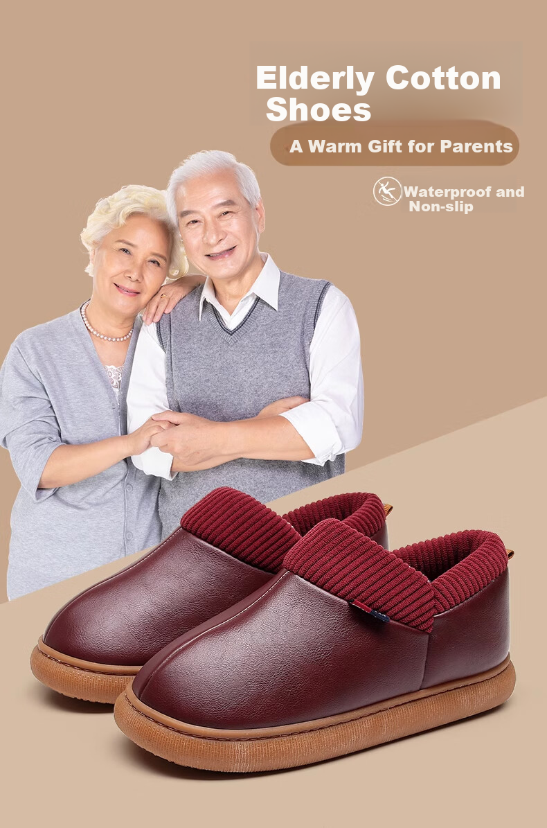 GUOLUOFEI Elderly Non-Slip Cotton Shoes with Heel, Fleece-Lined, Warm, Waterproof, Middle-Aged And Elderly Dad's Slippers, Wine Red, Size 38-39 1