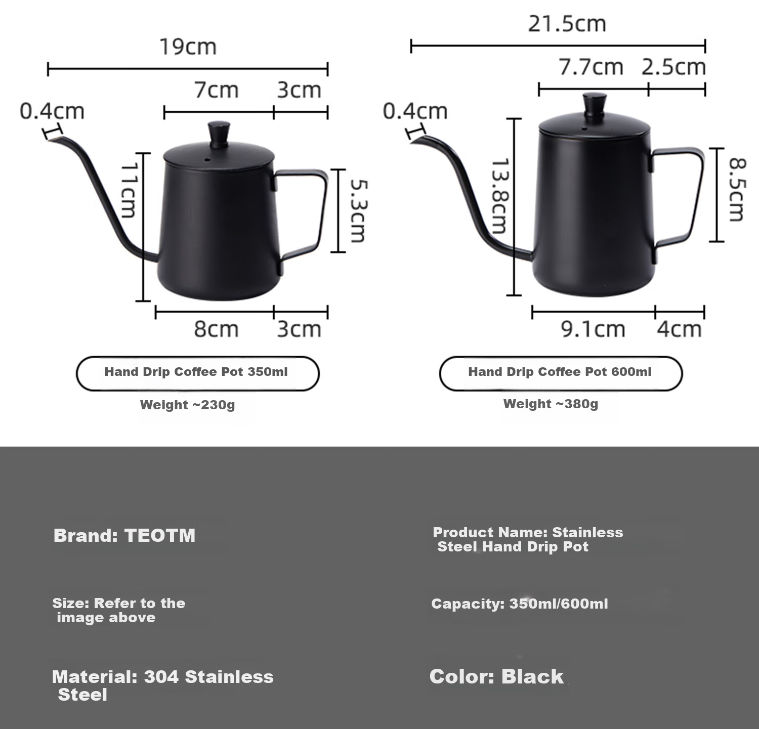 TEOTM Pour-Over Kettle with Fine Spout, Home Use Drip Coffee Maker, Narrow-Mouth Kettle, 304 Stainless Steel Pot, Black, 350ml 9
