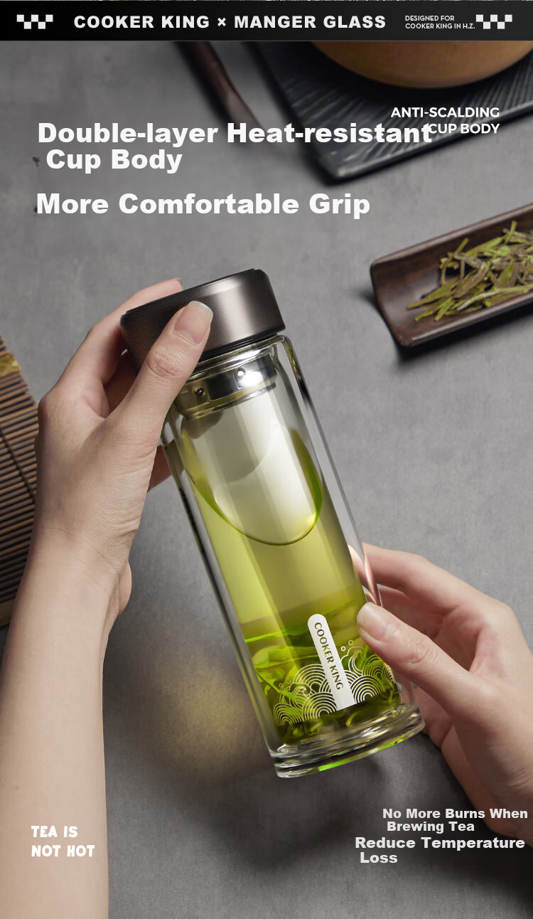 COOKER KING Glass Cup with Tea Infuser, Heat-Resistant And Shatterproof Tea Infuser Mug, Large Capacity Tea Cup in Gunmetal Gray, 380ml 6