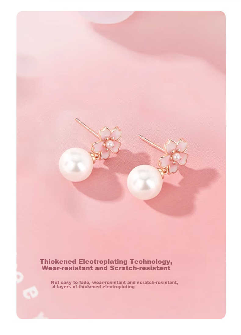Zhoubaifu Cherry Blossom Pearl Earrings for Women, Elegant Silver Studs, Birthday Gift for Girlfriend Or Wife 7