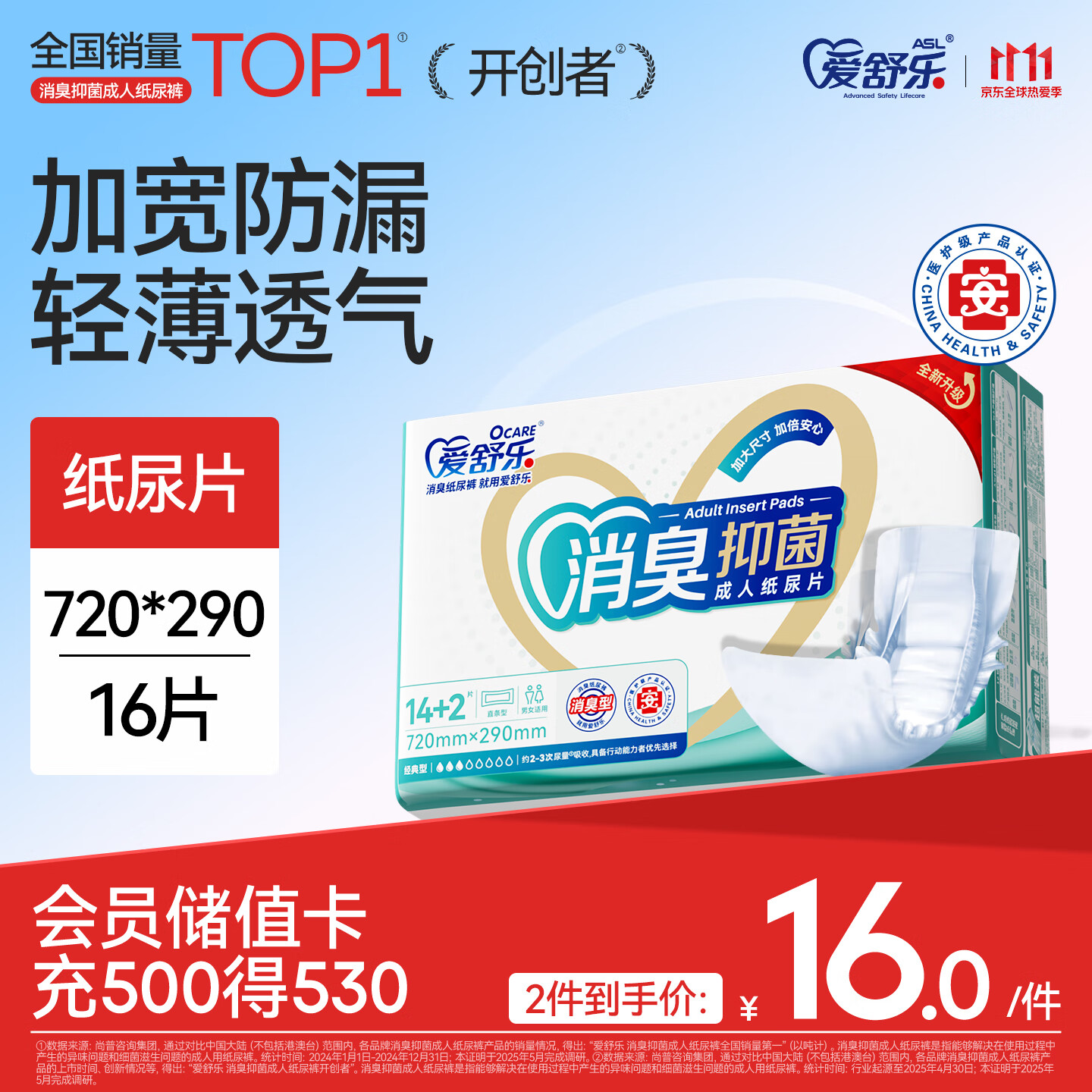 Aishule Adult Diapers Extended Size 16 Pieces (Size 72*29cm), Odor-Eliminating Antibacterial Incontinence Pads for Elderly And Postpartum Wome
