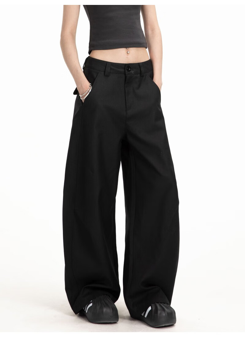 ICH MODE Women's American Style Autumn Winter Loose Straight Relaxed Curved Wide Leg Casual Pants Black L 3