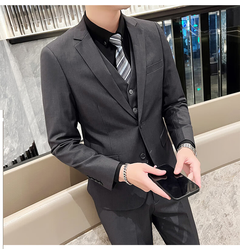ROMON Men's Business Slim Fit Suit Jacket Formal Wedding Groom Navy Blue L 15
