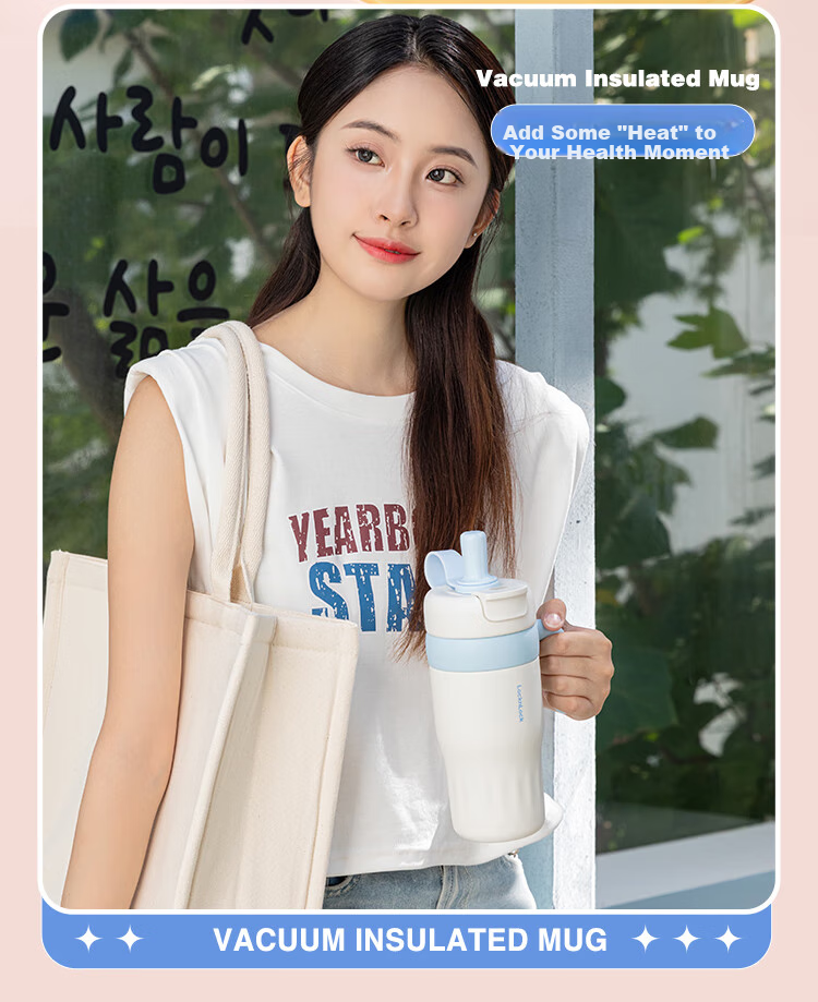 LOCK&LOCK Dopamine Insulated Coffee Mug for Men And Women Students, Desktop Tumbler with Handle, 560ML, White And Blue 9