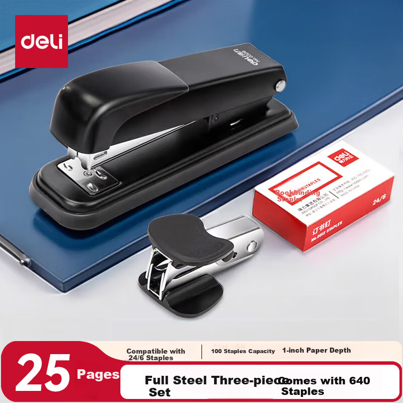 Deli Stapler, Steel Durable And Sturdy, with Staple Remover, One Box of Medium-Sized Staples, Student Stationery, Drop-Resistant Office Supplies, Black 0359
