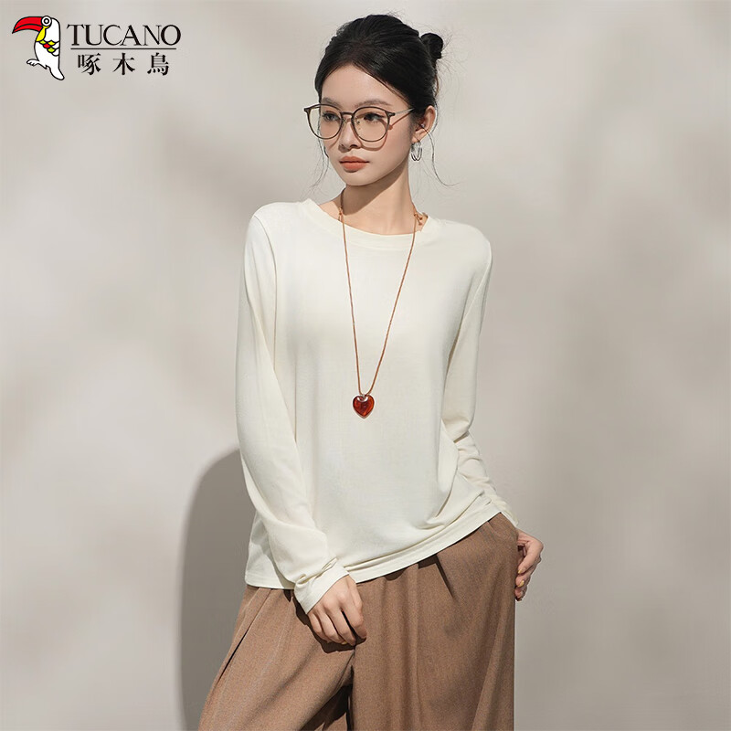 Woodpecker Cashmere Soft Long Sleeve T-Shirt Women Autumn New Thin Loose Round Neck Base Shirt Top Apricot XL