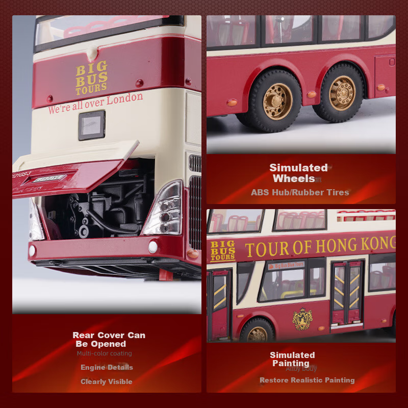 Chiyu Toys, Hong Kong Sightseeing Double-Decker Bus, Realistic Alloy Car Model, Toy Car Model, Gift for Boys 4