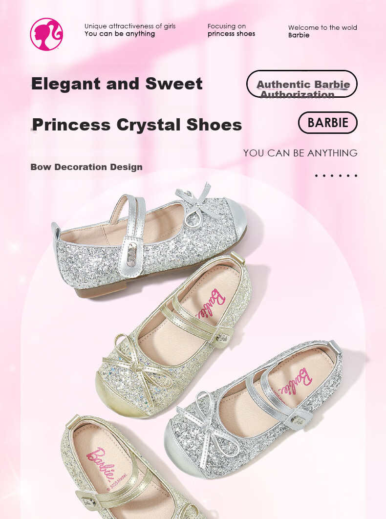 Barbie Girls' Spring Fashion Leather Shoes, Baby Girl New Crystal Shoes, Soft-Soled Flats, Spring DA6760, Silver, Size 35 1