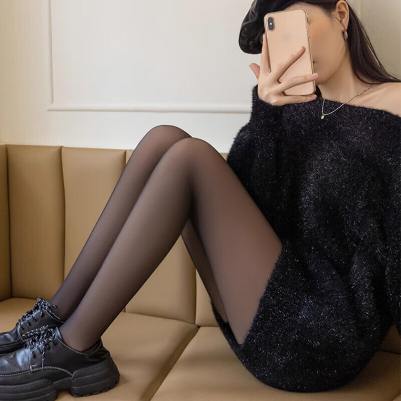 LangSha 25 Autumn Winter New Luminous Skin Base Pants Fleece-Lined Black Silk Integrated Tights Leggings