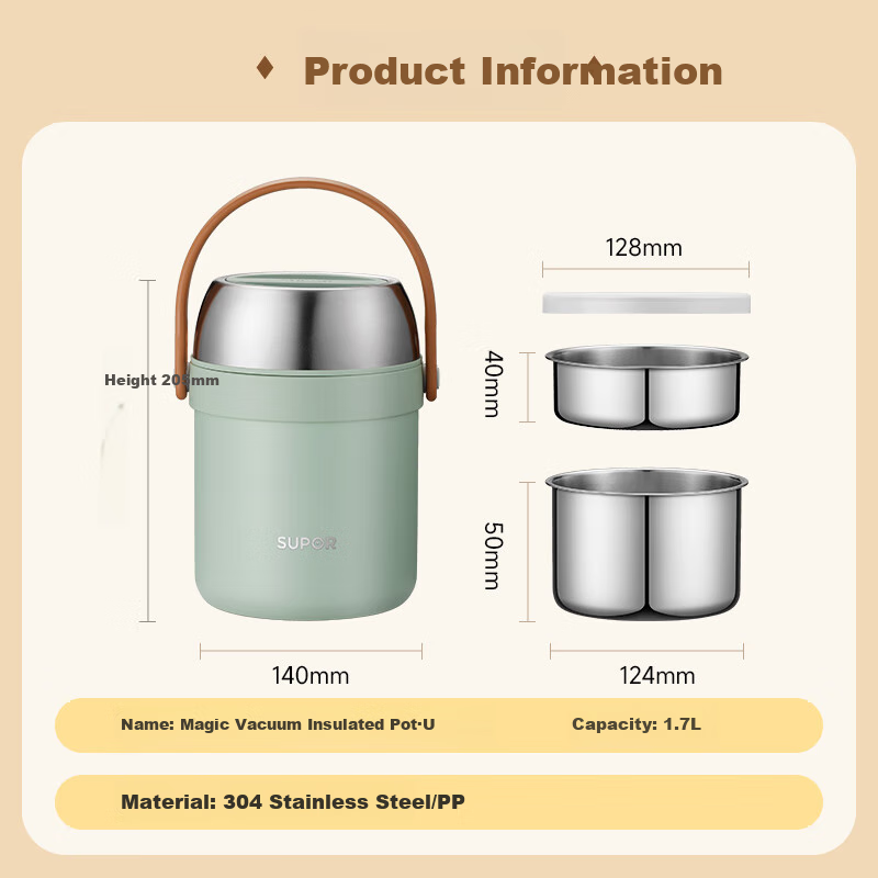 SUPOR Insulated Food Container, Stainless Steel Lunch Pot, 1.7L Large Capacity, Vacuum Insulated Thermos, Multi-Layer Portable Lunch Box, Mint Gree