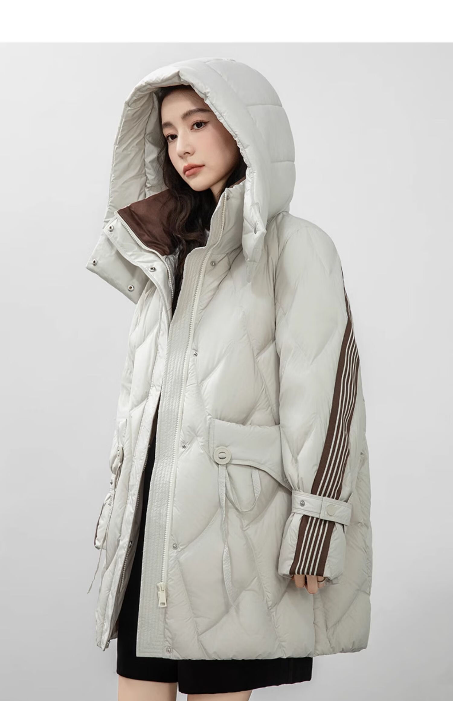 BLOOM FLOWERS Women's Down Jacket 2025 Winter Mid-Length Solid Color Striped Fashion Casual Hooded Warm Coat 20