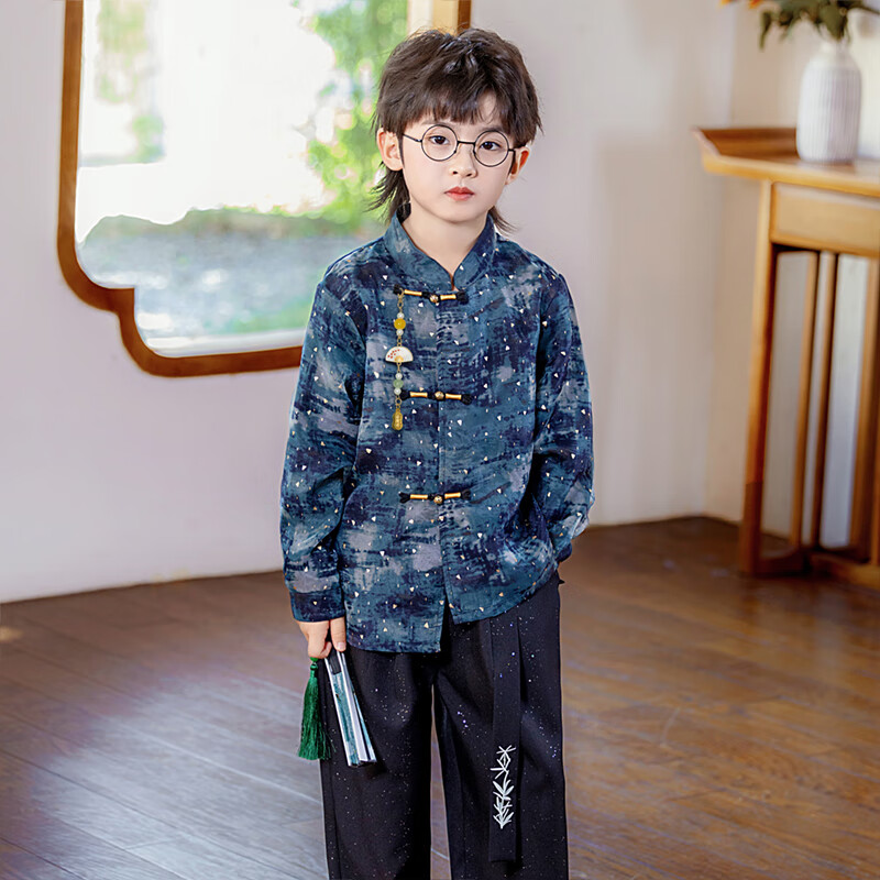LUOBOBEIBEI Boys' New Chinese Style Hanfu Long Sleeve Suit Children's Ceremony Host New Year Outfit Blue Three-Piece Set Size 120