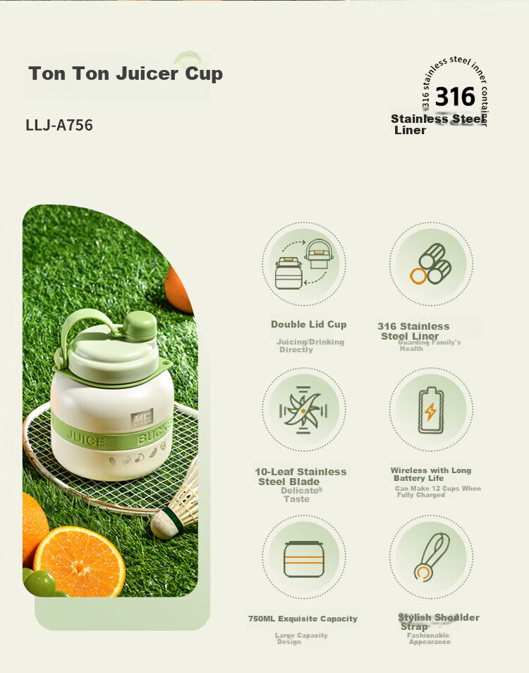 Liven Portable Juicer Cup with Ice Crusher, 750ml Stainless Steel Travel Cup, Small Blender Bottle for Outdoor Use, Food Processor LLJ-A756 3