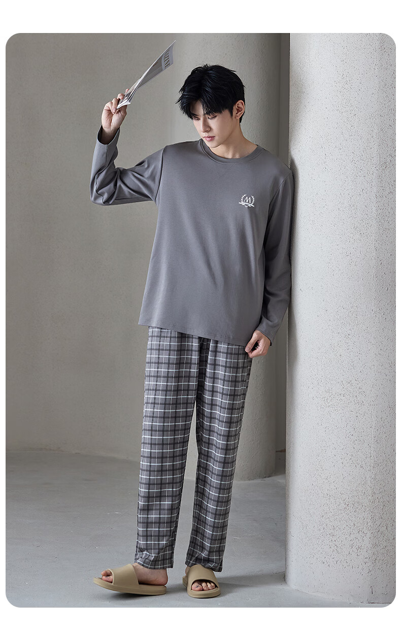 Manza Pure Cotton Pajamas for Men, Spring And Autumn Wear, 2025 New Style Plaid Long-Sleeve Pants, Loose-Fitting Men's Loungewear 3