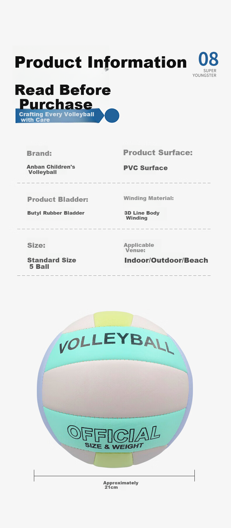 Miletang Volleyball, Size 5, for Middle School Students, Machine-Stitched PVC Beach Soft Thickened Macaron Colorful Competition Training Volleyball 3