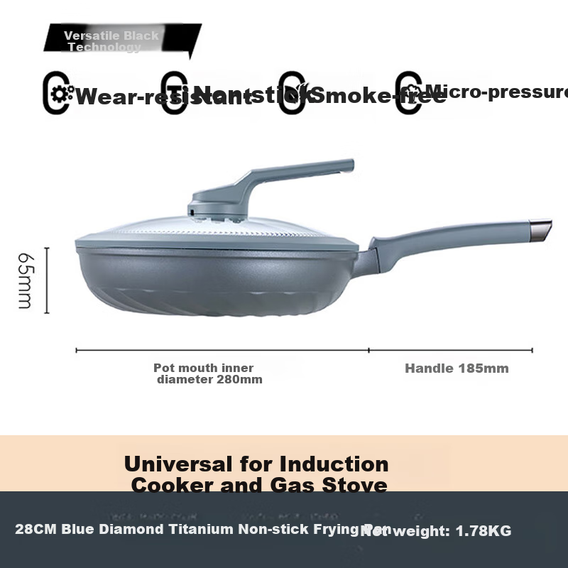 ASD Non-Stick Frying Pan with Blue Diamond Titanium Coating, Magic Stone Non-Stick, Smokeless, 28CM, Compatible with Induction Cookers, F5Q