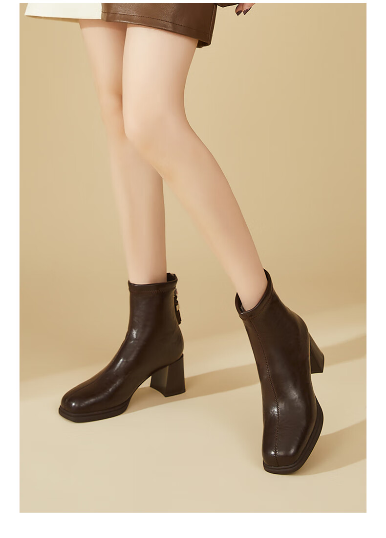 DAPHNE Vintage High Heel Fleece-Lined Ankle Boots for Women Petite French Square Toe Fashion Chunky Heel Slim Leather Boots Brown 37 2