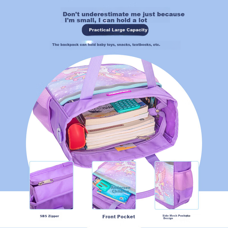 Herder Tutoring Bag Elementary School Backpack for Boys And Girls, Large Capacity Handbag for Children's After-School Classes And Art Supplies, Unicorn Purple