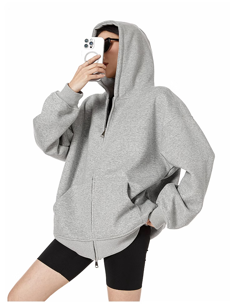 ICH MODE Fleece-Lined American Style Hoodie Jacket Women Autumn Winter Loose Fit Double Zipper Cardigan Lazy Long Sleeve Coat Black L 9