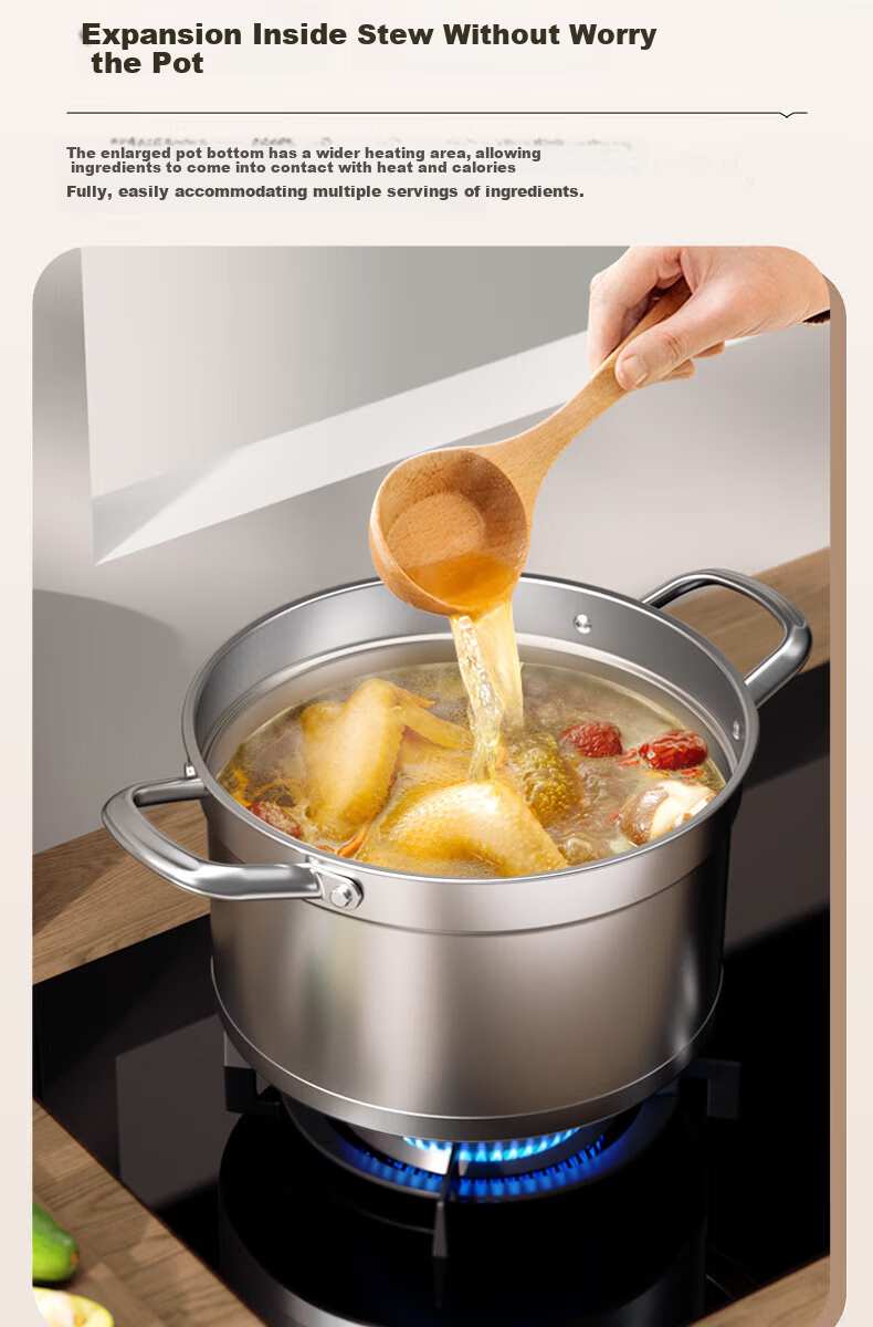 KOBACH Thickened 304 Stainless Steel Large Capacity Stew Pot with Double Handles, Anti-Scalding Noodle Cooking Pot, 24cm, Dishwasher Safe 3