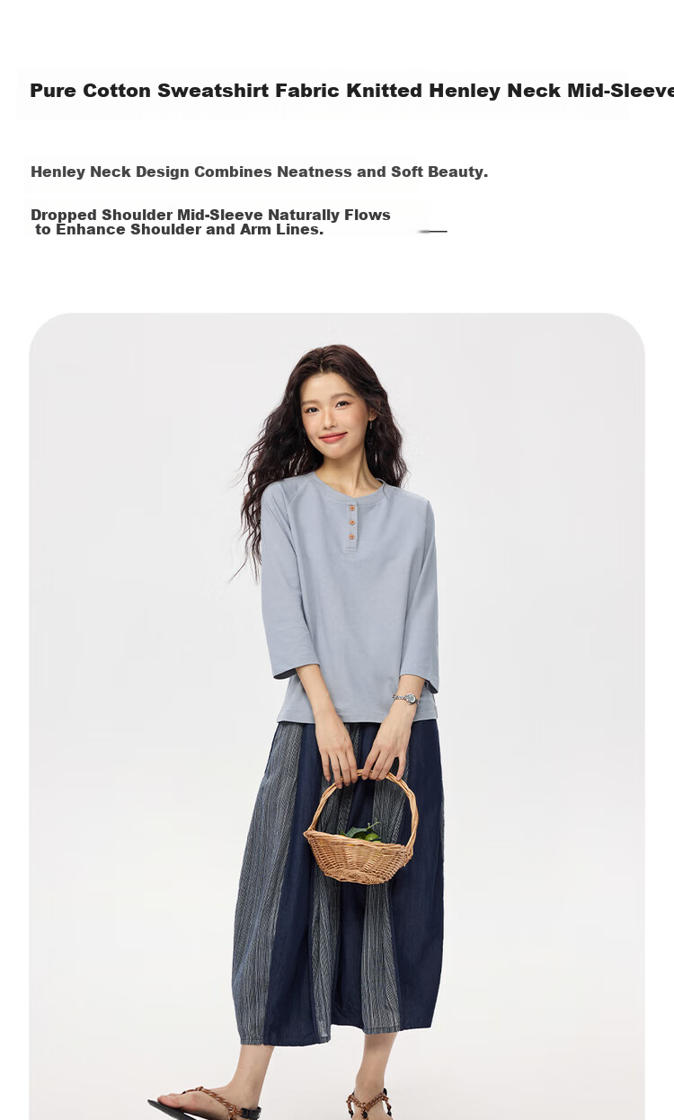 Zara Women's Autumn Pure Cotton American Style Henley Neck Drop Shoulder Seven-Quarter Sleeve Top 13325771 5