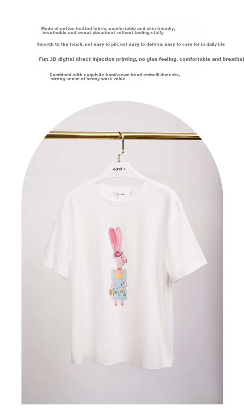 Olrain Fun Printed Short-Sleeve T-Shirt, Summer Women's Loose-Fit Beaded Top, Cotton-Like Breathable, Off-White, Size S 3