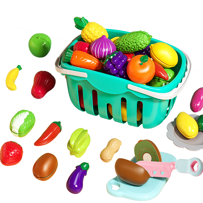 Xinge Pretend Play Realistic Children's Toy Vegetable And Fruit Cutting Set, Cooking Playset with 27 Pieces in Handheld Basket, Birthday Gift
