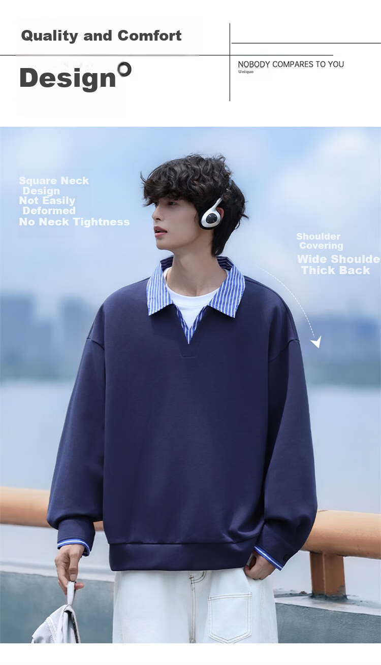 Homlean Men's Two-Piece Style Lapel Sweatshirt Autumn Winter American Trendy Loose Casual Top HP02 Navy Blue 2XL 3
