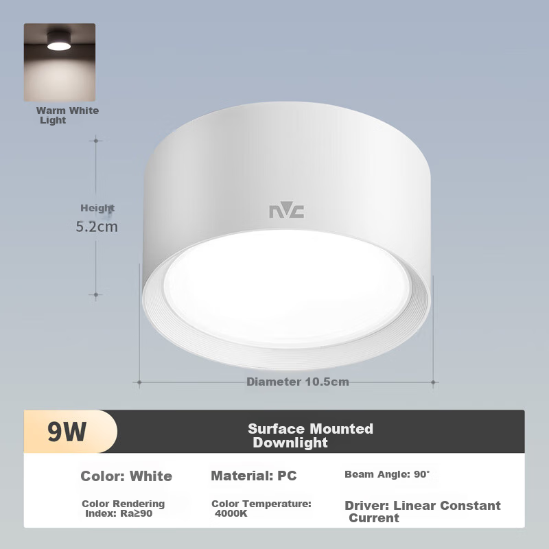 NVC LED Downlight for Home Living Room Bedroom Ceiling Hallway, No Drilling Required Surface-Mounted Ceiling Light, PC White 9W Warm White Light